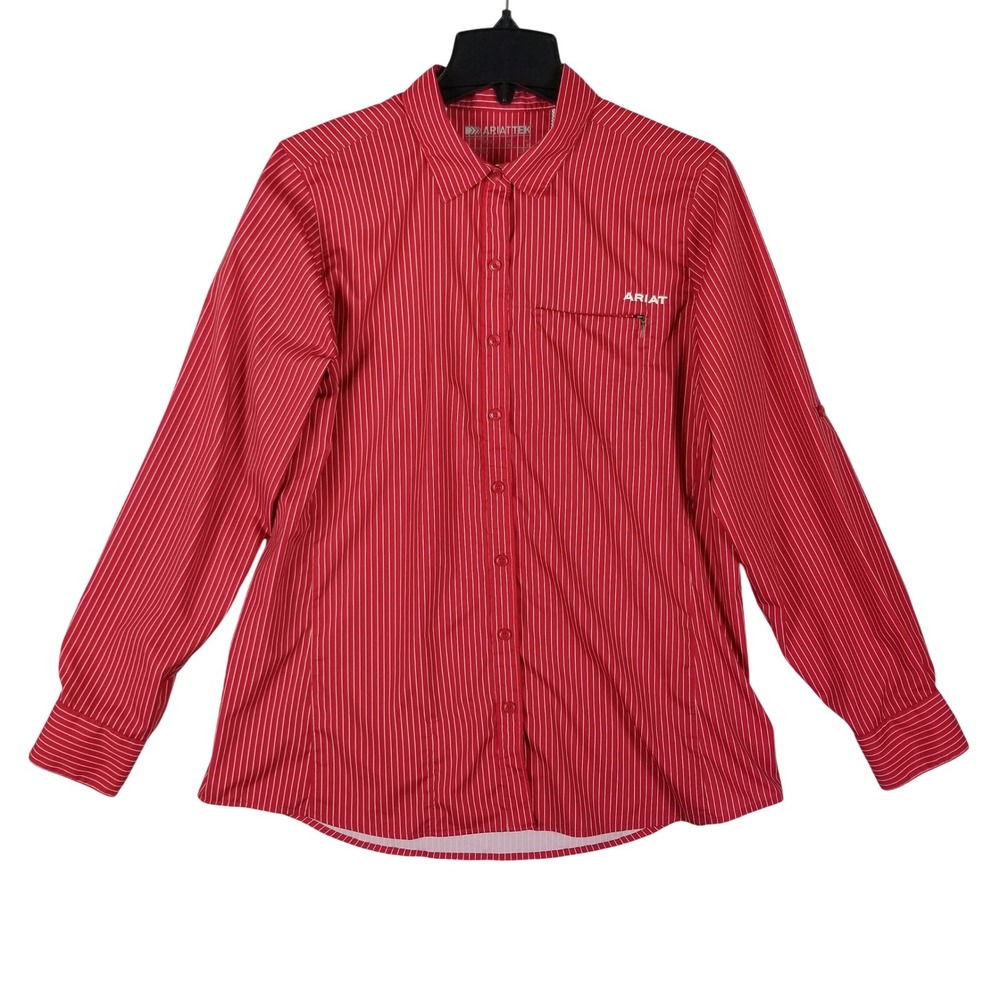 Ariat Button Down Shirt Women Large Red Pinstripe AriatTEK Performance Top